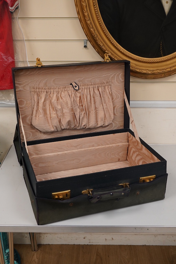 A blue morocco suitcase, moire silk lined, stamped Walker & Hall, outer cover 51cm wide x 36cm deep